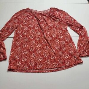 St. Johns Bay Womens Blouse Red Floral Long Sleeve Scoop Neck Keyhole Lace L